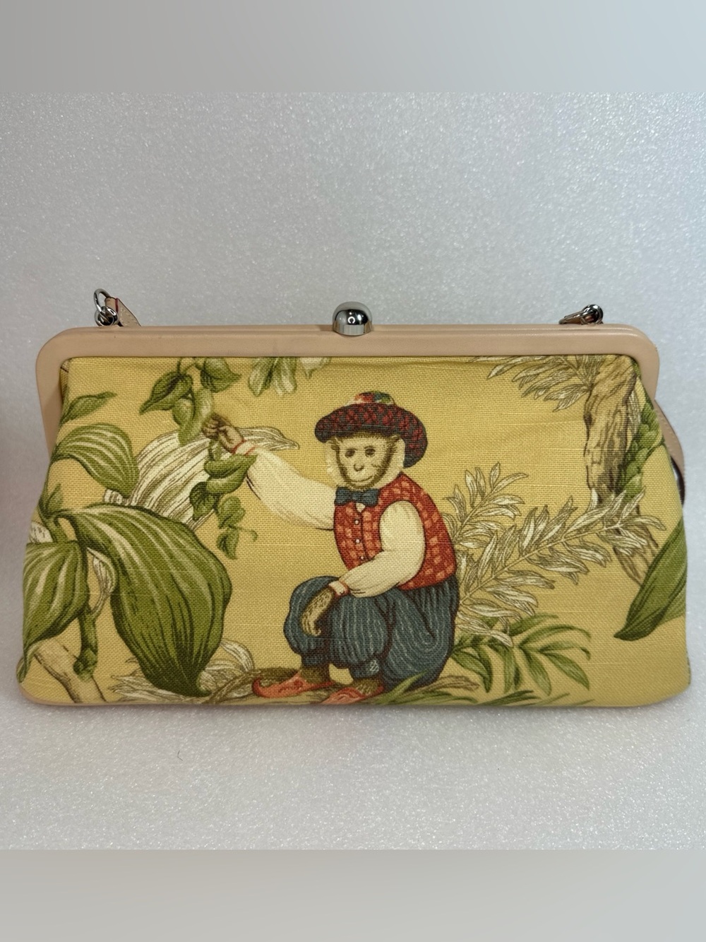 Vintage Monkey Print Carpet Tapestry Handbag Purse Tree Red Vest Yellow Beige